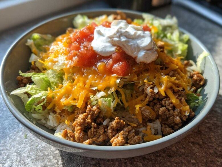 A close-up of a finished Air Fryer Crispy Turkey Taco Bowl topped with cheese, salsa, and sour cream.