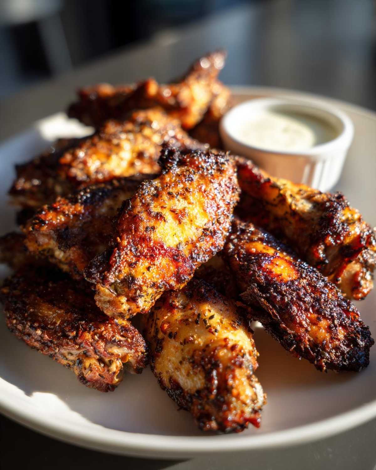 A close-up of perfectly cooked Air Fryer Crispy Zaatar Chicken Wings piled on a white plate next to a small dipping sauce.