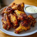 A plate piled high with golden brown, crispy Air Fryer Crispy Zaatar Chicken Wings served with a side of creamy dipping sauce.