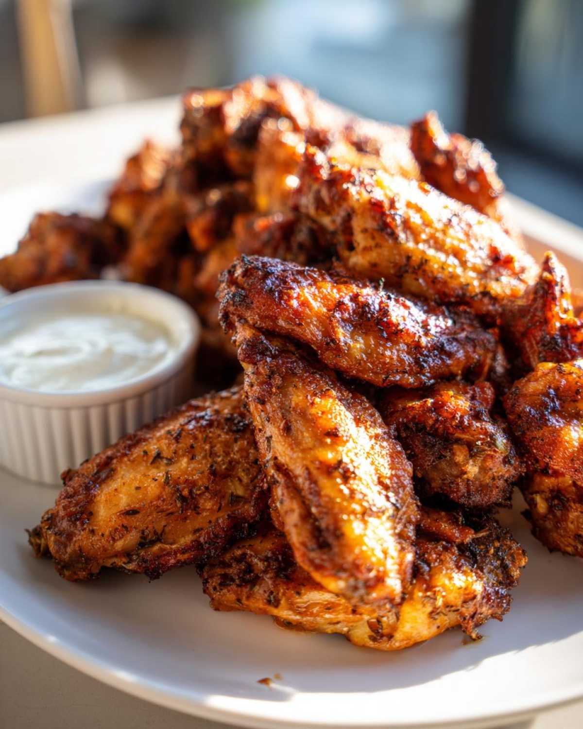 A pile of golden brown, crispy Air Fryer Crispy Zaatar Chicken Wings served with a side of white dipping sauce.