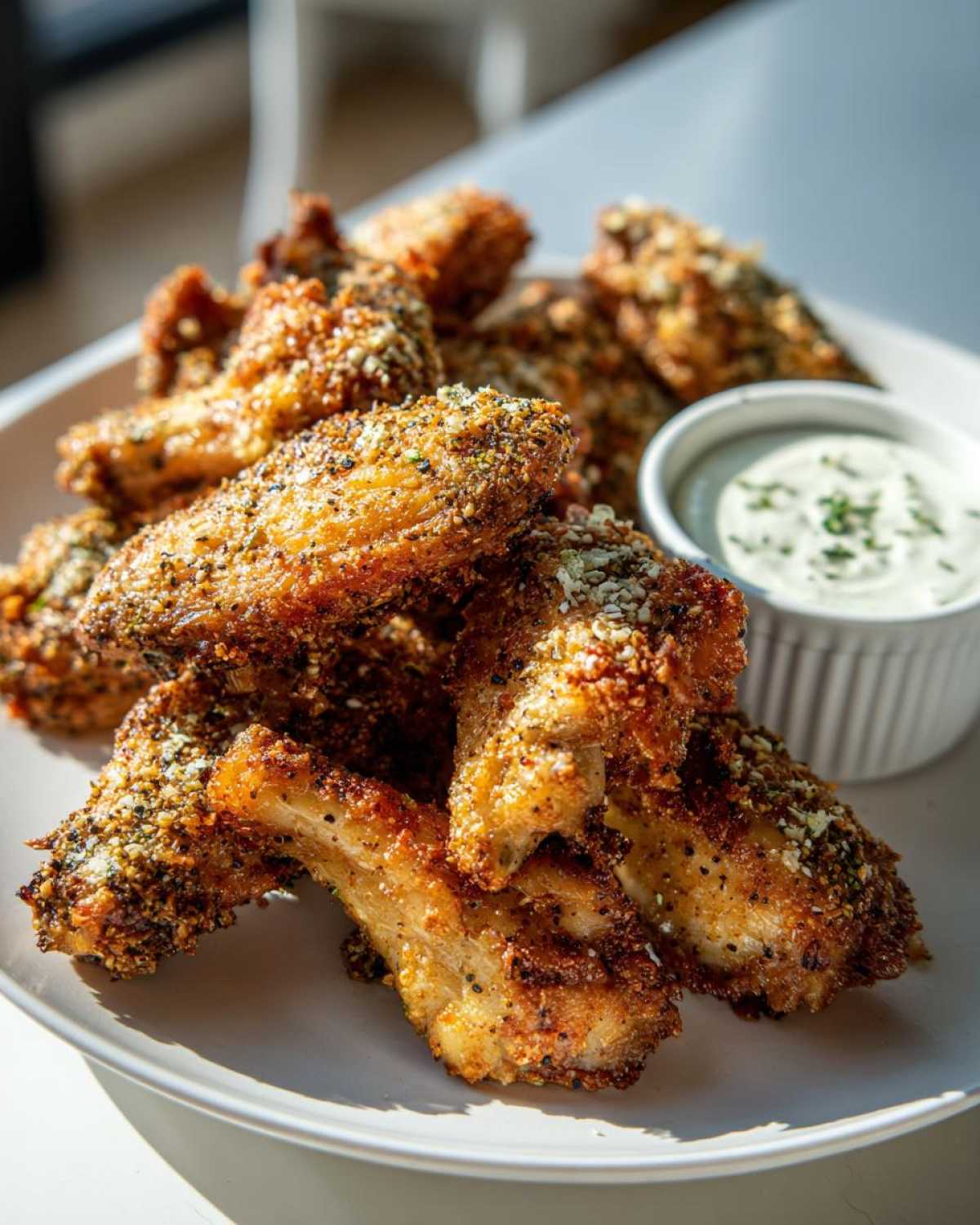 A close-up of golden brown Air Fryer Crispy Zaatar Chicken Wings piled on a white plate next to a small bowl of dipping sauce.