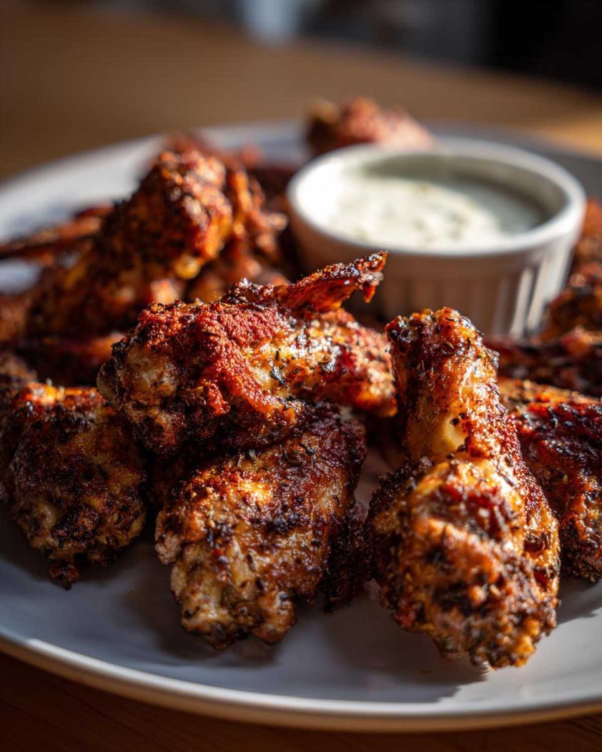 Close-up of crispy Air Fryer Crispy Zaatar Chicken Wings piled on a plate next to a small bowl of creamy dipping sauce.