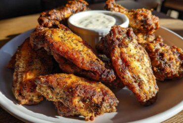 A plate piled high with golden brown, crispy Air Fryer Crispy Zaatar Chicken Wings next to a small bowl of dipping sauce.
