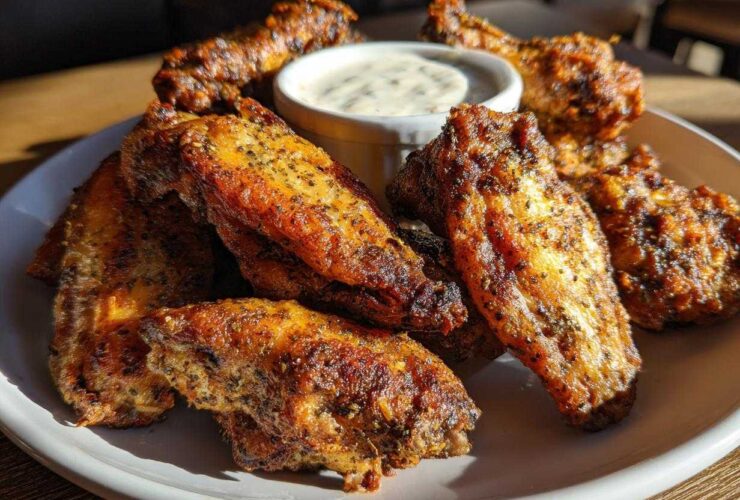 A plate piled high with golden brown, crispy Air Fryer Crispy Zaatar Chicken Wings next to a small bowl of dipping sauce.