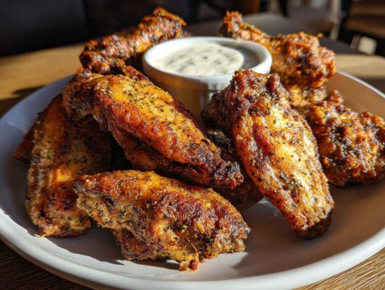 A plate piled high with golden brown, crispy Air Fryer Crispy Zaatar Chicken Wings next to a small bowl of dipping sauce.