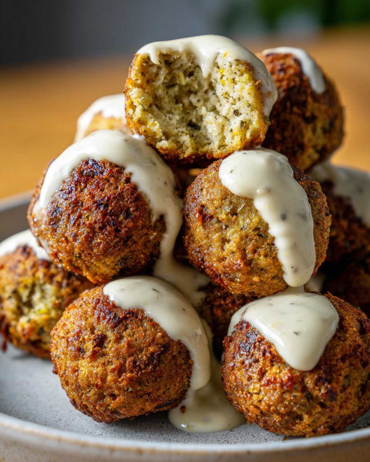 Close-up stack of crispy Air Fryer Herb Falafel Balls generously topped with a creamy tahini drizzle.