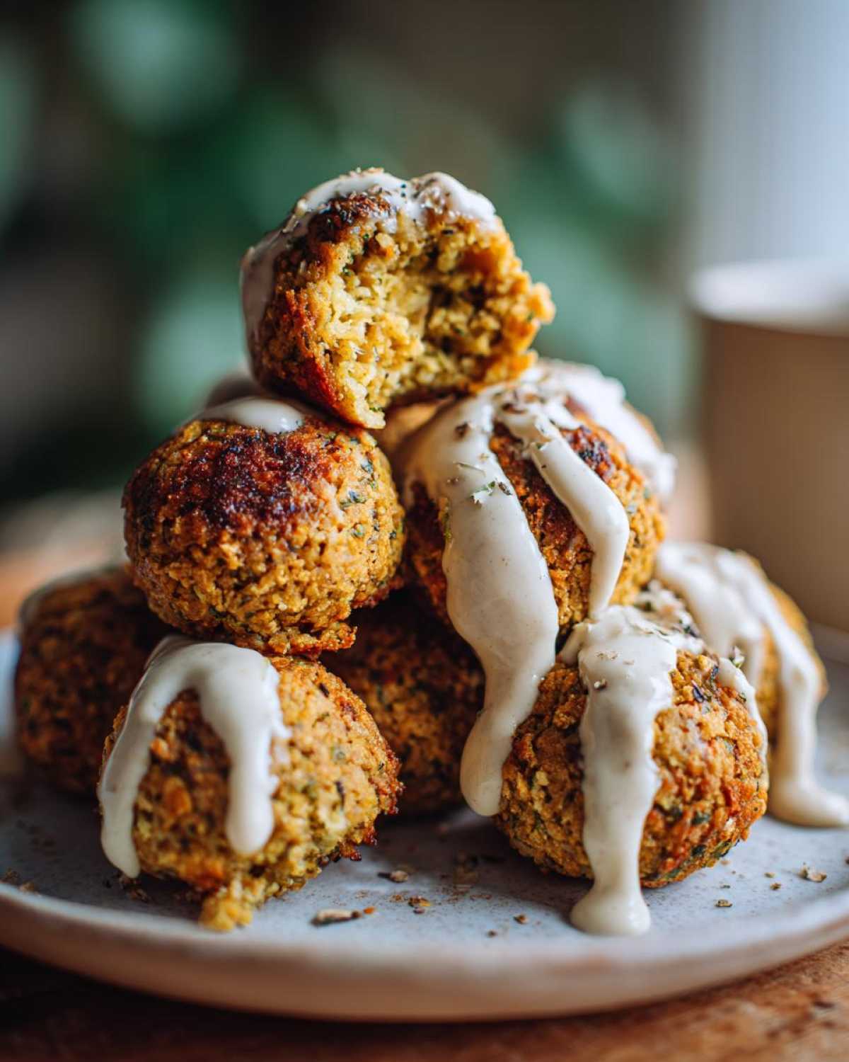 A stack of golden Air Fryer Herb Falafel Balls generously drizzled with creamy tahini sauce.