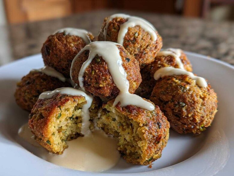 Close-up of golden brown Air Fryer Herb Falafel Balls stacked on a white plate, drizzled generously with creamy tahini sauce.