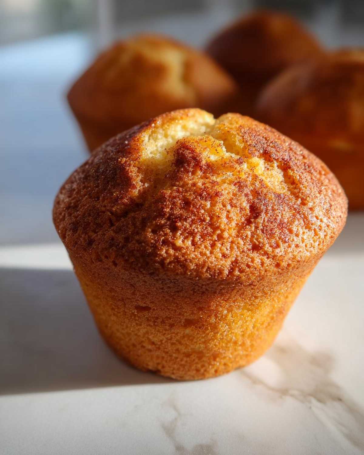 Close-up of a perfectly baked Apple Cinnamon Muffin with a golden, slightly cracked top sprinkled with cinnamon sugar.
