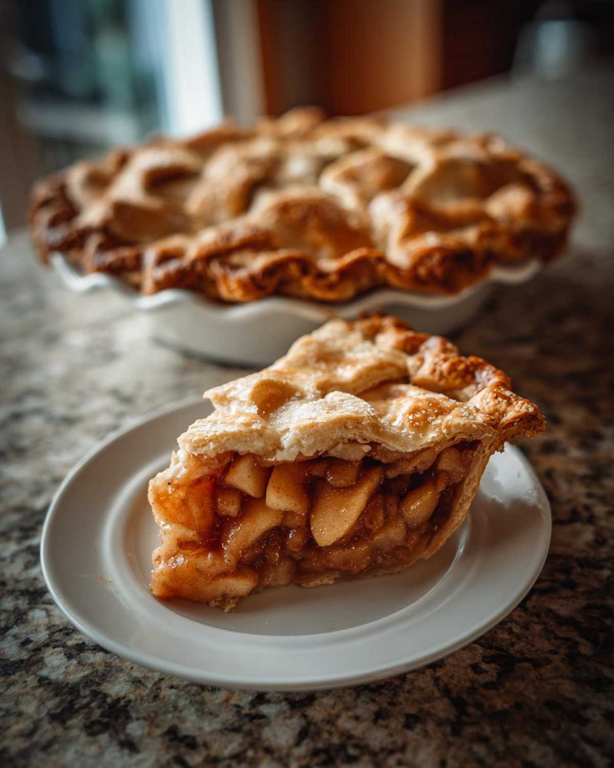 A close-up of a slice of apple pie showing the thick, gooey filling, referencing pie batter ratios.