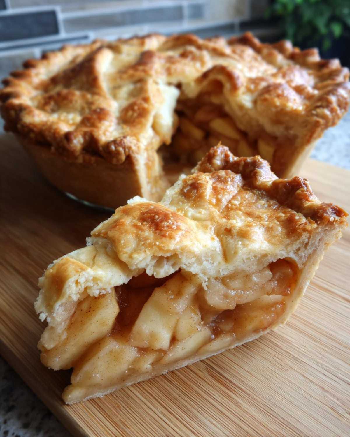 Close-up of a slice of apple pie showing perfectly cooked apple filling consistency and flaky crust.