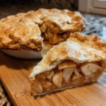 Close-up of a slice of apple pie showing the flaky crust and thick filling consistency, related to pie batter ratios.