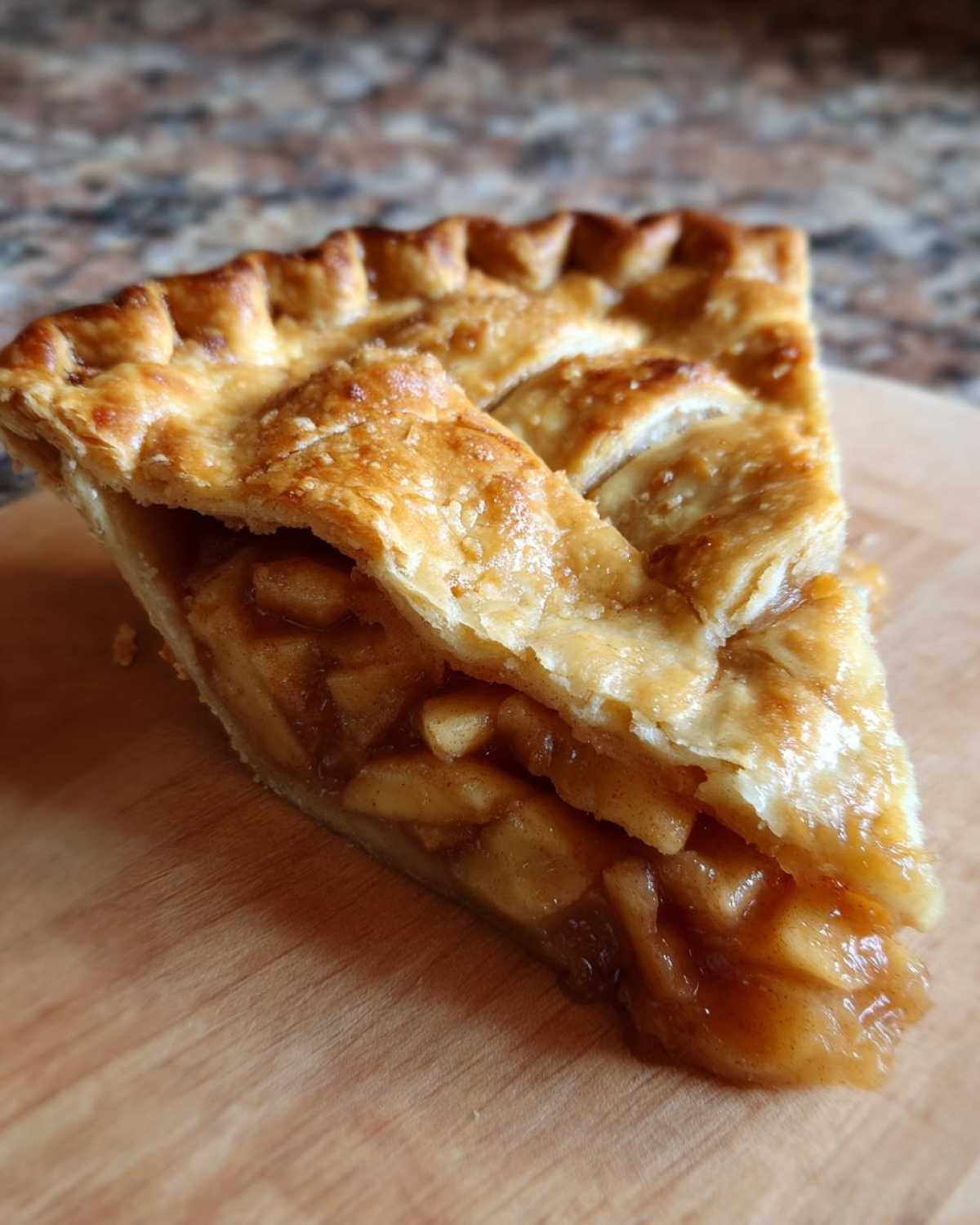 Close-up of a slice of apple pie showing the thick, gooey apple filling and flaky crust, illustrating ideal filling consistency.