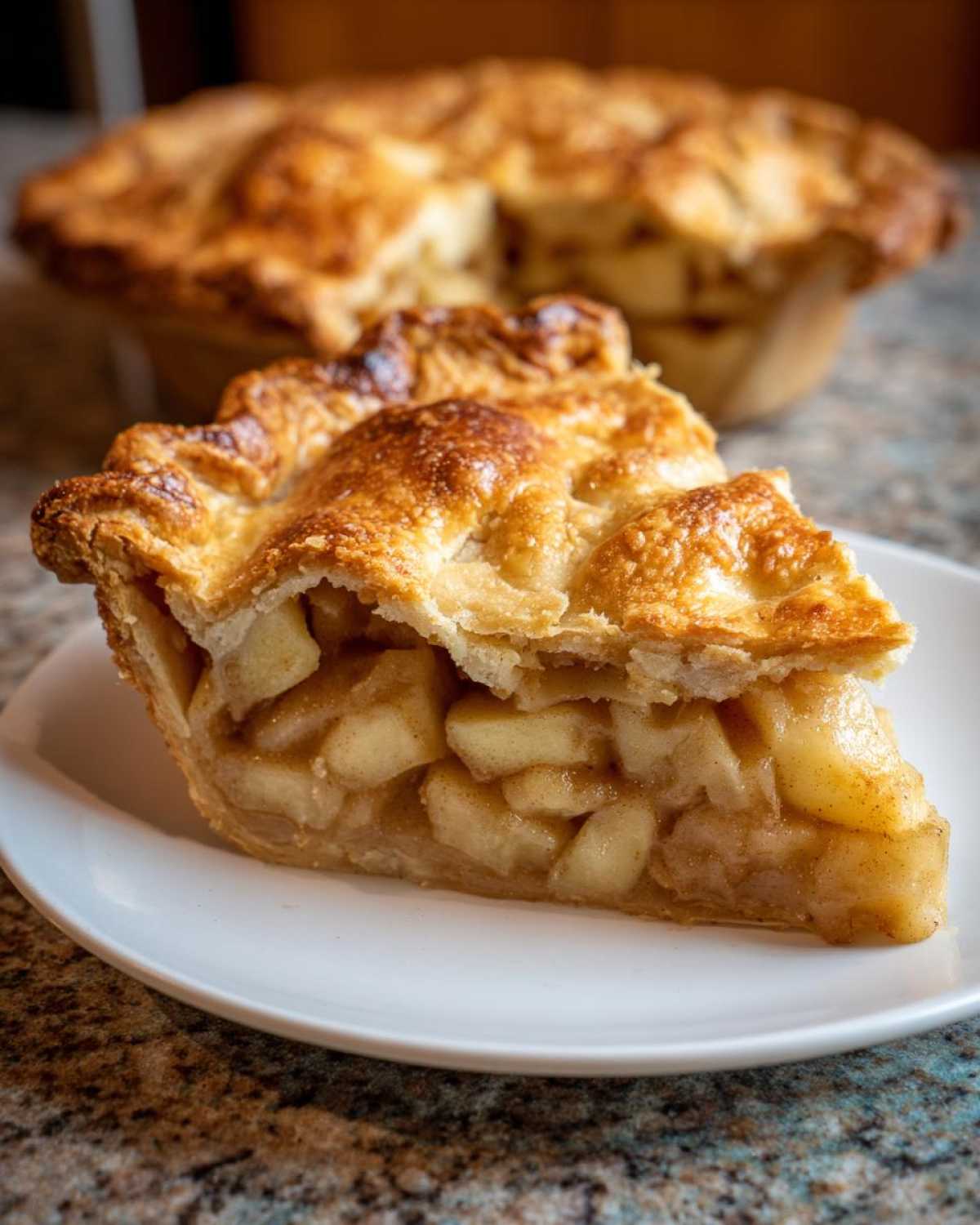 Close-up of a slice of apple pie showing perfectly cooked apple filling consistency, essential for great pie batter ratios.