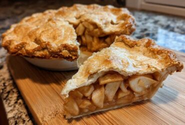 Close-up of a slice of apple pie showing the flaky crust and thick filling consistency, related to pie batter ratios.
