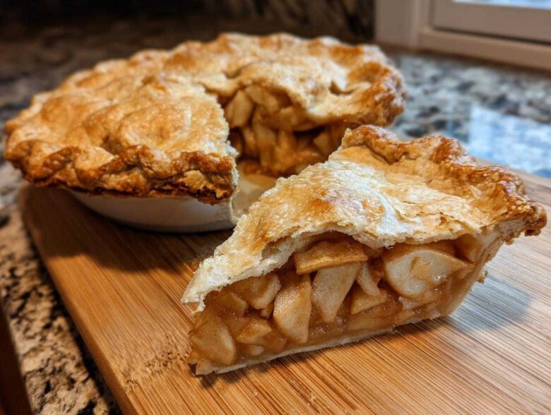 Close-up of a slice of apple pie showing the flaky crust and thick filling consistency, related to pie batter ratios.