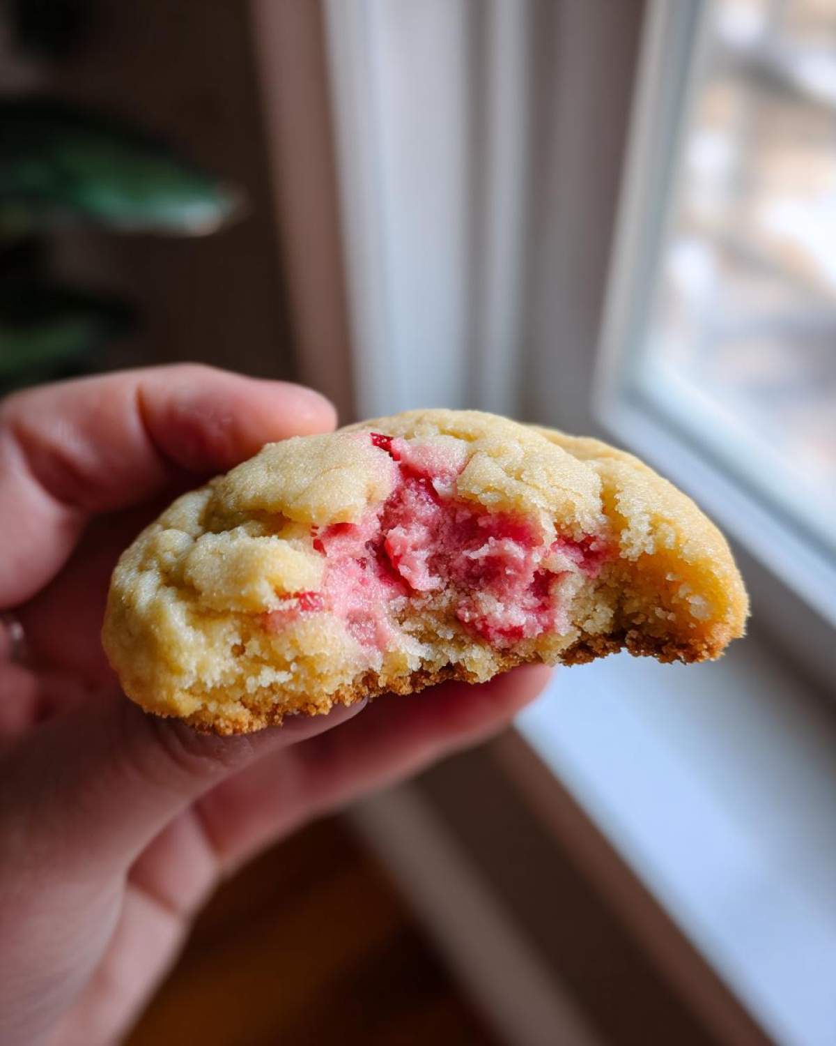 Close-up of a hand holding a bitten Strawberry Cheesecake Cookies, revealing the soft, pink, creamy filling inside.
