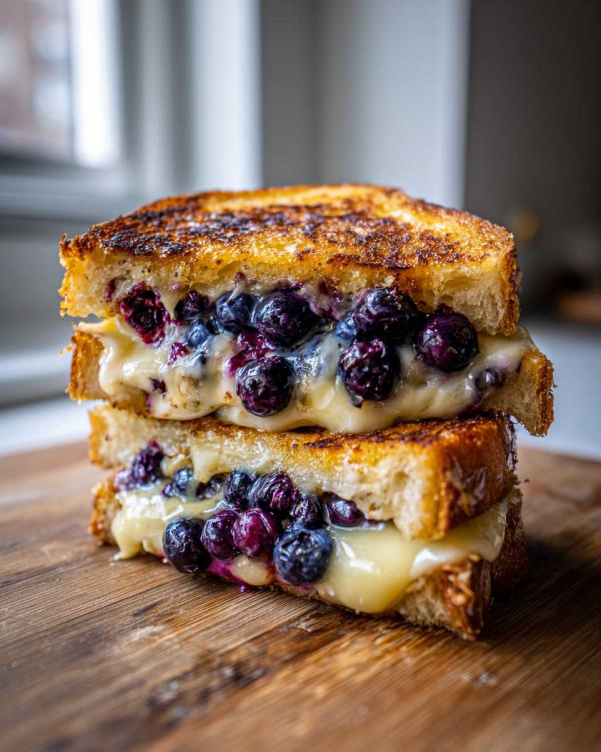 A stack of two halves of a golden-brown Blueberry Grilled Cheese sandwich showing melted cheese and fresh blueberries.