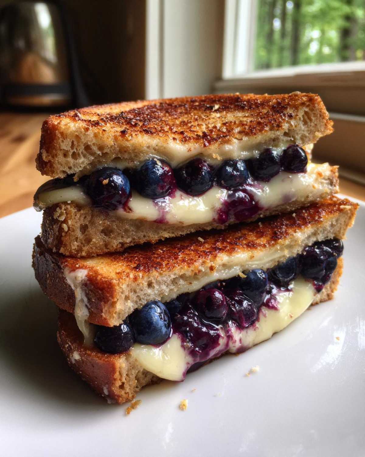 Two halves of a perfectly grilled Blueberry Grilled Cheese sandwich stacked on a white plate, showing melted cheese and whole blueberries.