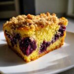 Close-up of a moist slice of Blueberry Streusel Coffee Cake showing bright yellow cake, dark blueberries, and a thick, crumbly streusel topping.