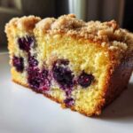 Close-up of a moist slice of Blueberry Streusel Coffee Cake showing bright yellow cake, dark blueberries, and crumb topping.