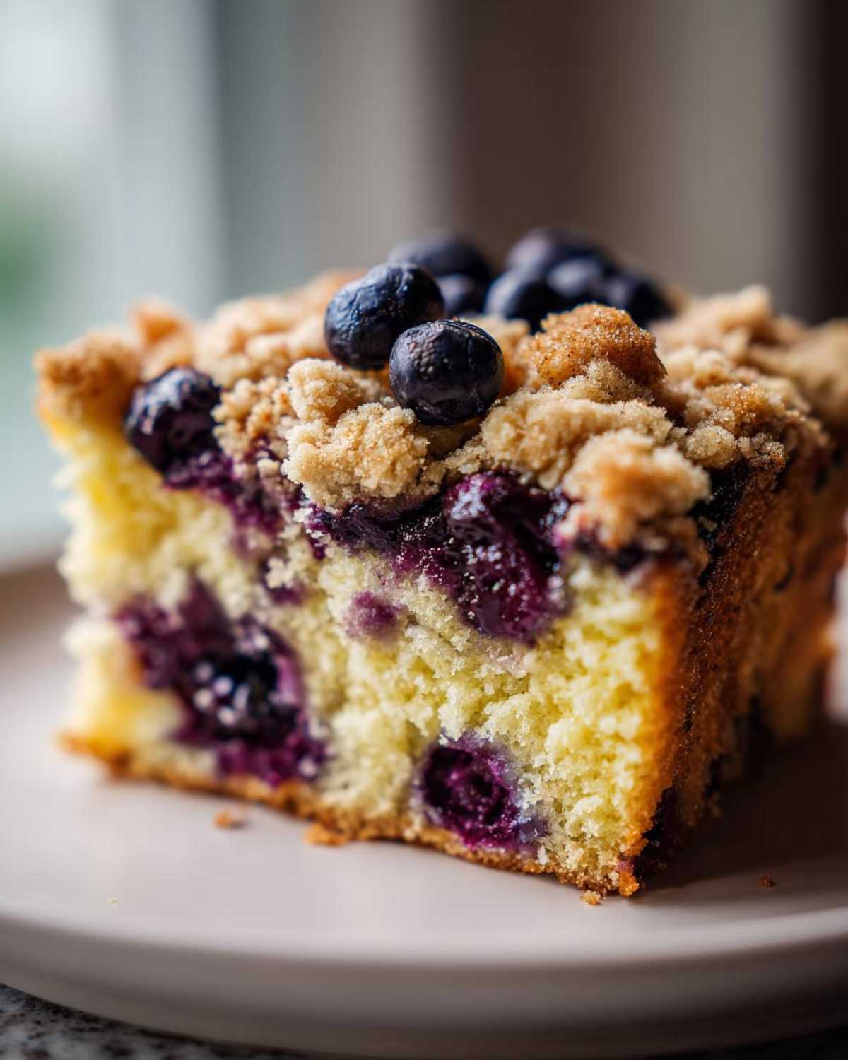 Close-up of a moist slice of Blueberry Streusel Coffee Cake showing yellow cake, baked blueberries, and crumb topping.