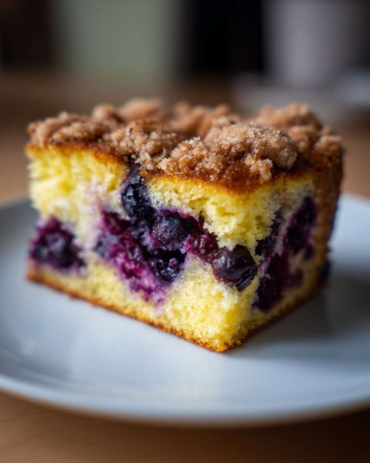 Close-up of a moist slice of Blueberry Streusel Coffee Cake showing rich blueberries baked into the yellow cake and topped with cinnamon streusel.