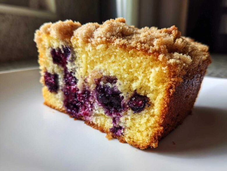 Close-up of a moist slice of Blueberry Streusel Coffee Cake showing bright yellow cake, dark blueberries, and crumb topping.