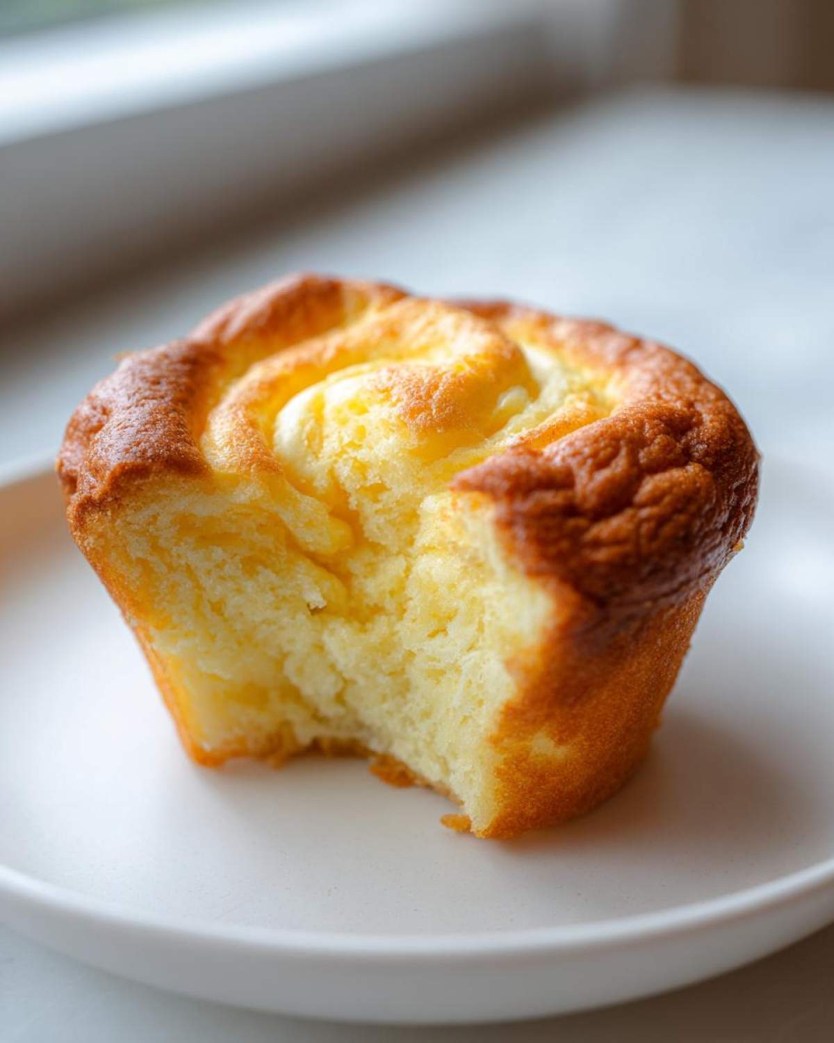 Close-up of a single Cheesecake Muffins with a bite taken out, showing the fluffy interior and golden crust.