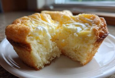 A close-up view of a Cheesecake Muffins half, showing the moist, fluffy interior and creamy cheesecake topping.