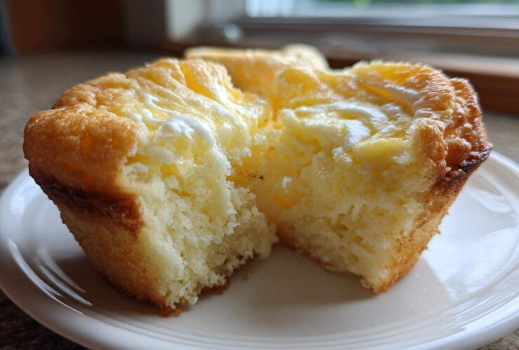 A close-up view of a Cheesecake Muffins half, showing the moist, fluffy interior and creamy cheesecake topping.