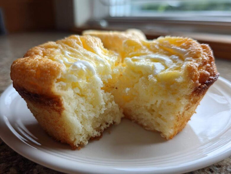 A close-up view of a Cheesecake Muffins half, showing the moist, fluffy interior and creamy cheesecake topping.