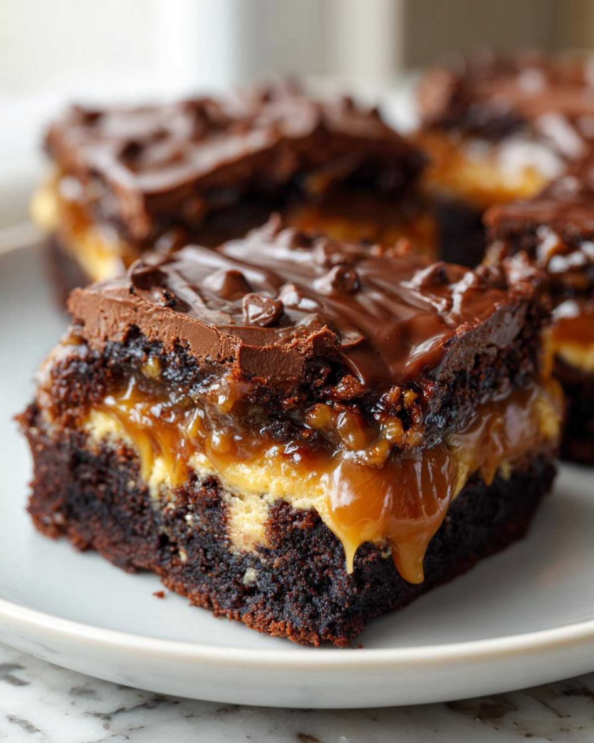 Close-up of a rich slice of Chocolate Caramel Dump Cake showing gooey caramel, cheesecake layer, and chocolate topping.