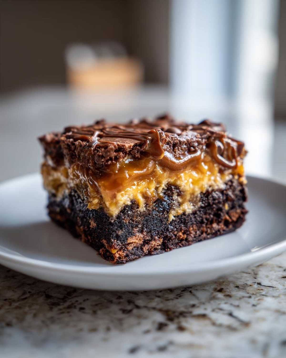 A close-up of a rich, layered slice of Chocolate Caramel Dump Cake on a white plate.