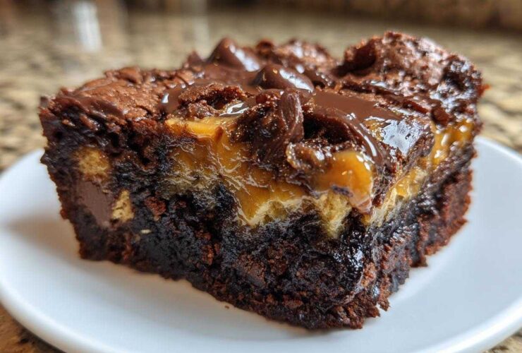 Close-up of a decadent slice of Chocolate Caramel Dump Cake showing gooey caramel and chocolate topping.