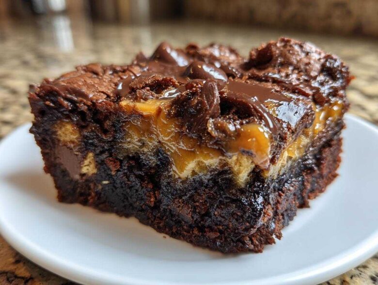 Close-up of a decadent slice of Chocolate Caramel Dump Cake showing gooey caramel and chocolate topping.