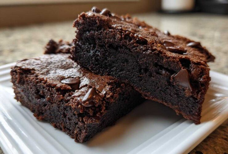 Two rich, fudgy slices of Chocolate Root Beer Brownies stacked on a white plate, topped with chocolate chips.