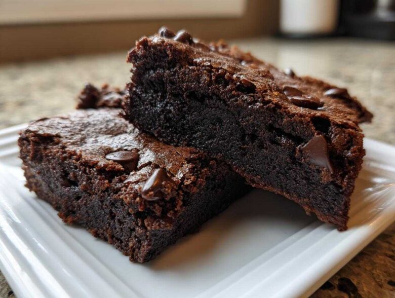 Two rich, fudgy slices of Chocolate Root Beer Brownies stacked on a white plate, topped with chocolate chips.