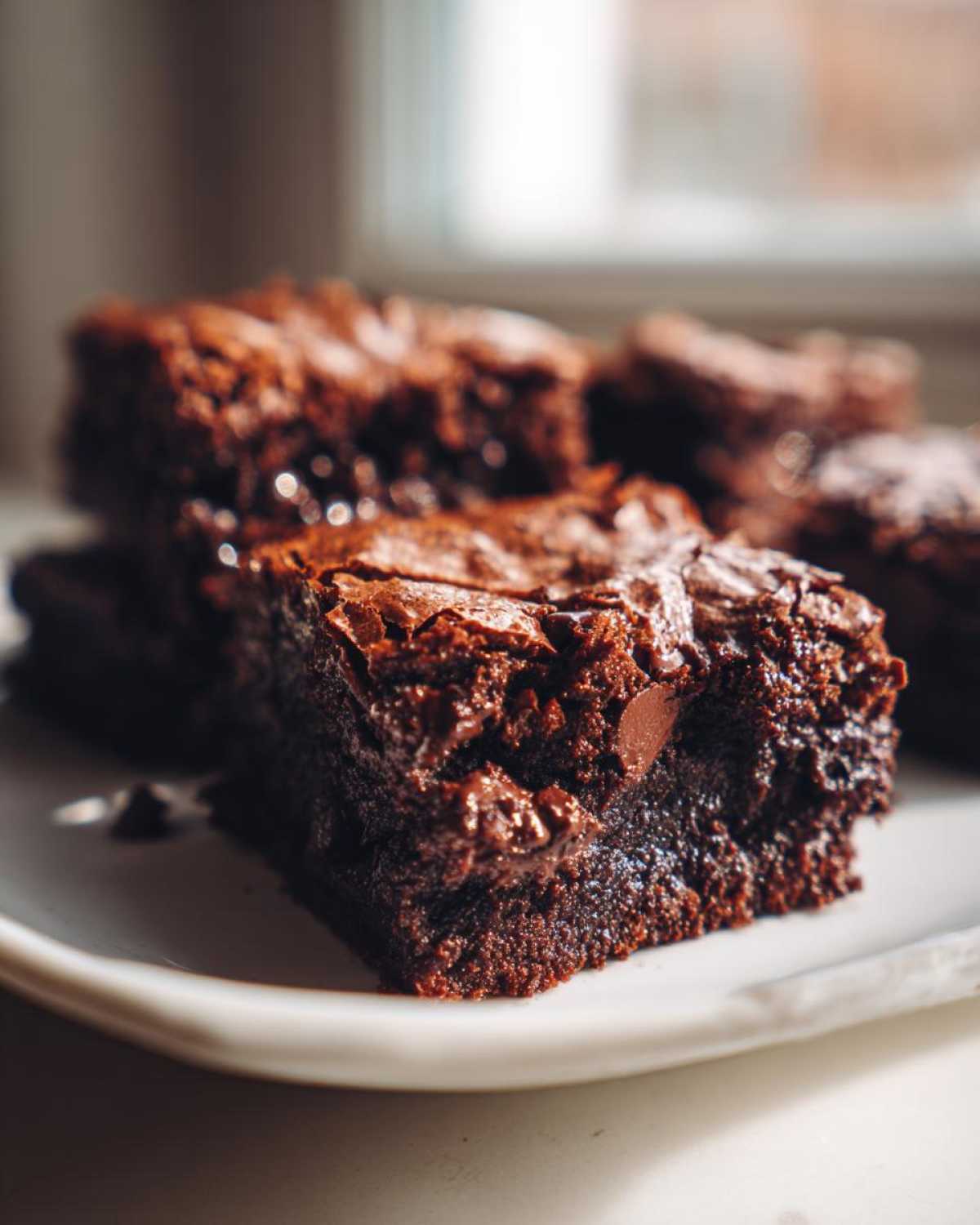 Close-up of a stack of fudgy Chocolate Root Beer Brownies with a shiny, cracked top and visible chocolate chips.