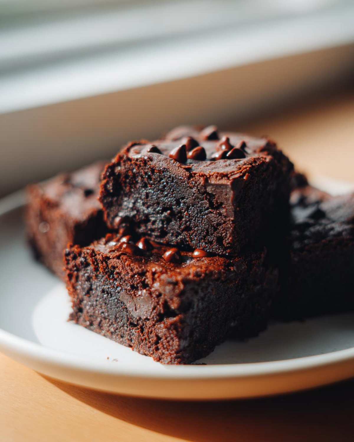 Close-up of fudgy Chocolate Root Beer Brownies stacked on a white plate, topped with chocolate chips.