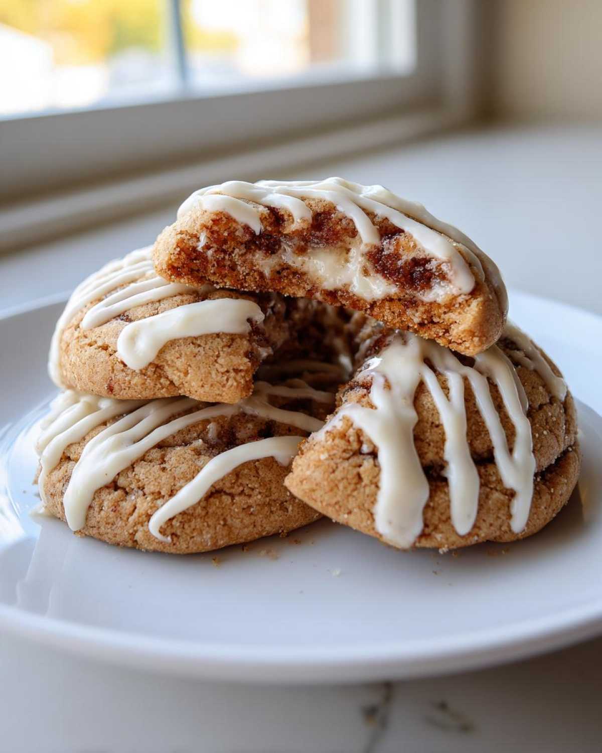 A stack of soft Cinnamon Roll Cookies drizzled with white icing, one cookie broken open to show the creamy filling.