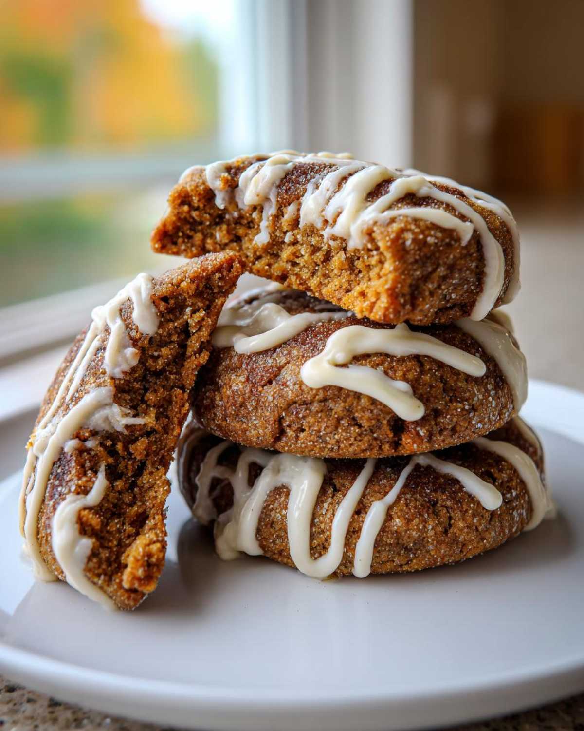 A stack of three soft Cinnamon Roll Cookies, one broken open to show the texture, drizzled with white icing.