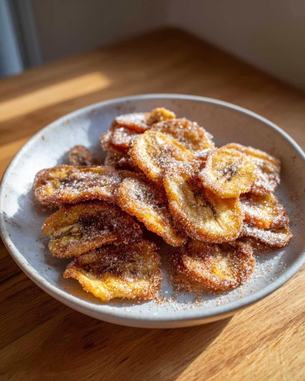 A close-up of crispy Cinnamon Sugar Banana Chips generously coated in sugar and spice, served in a light gray bowl.