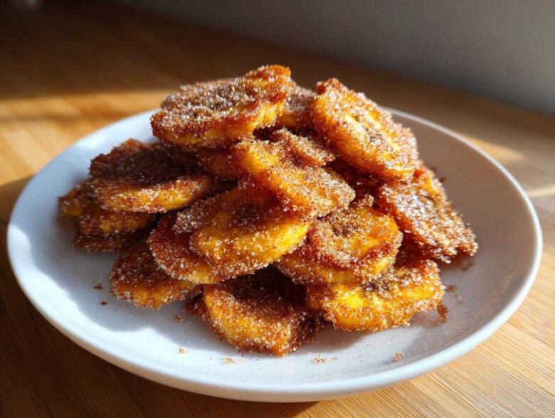 A close-up shot of a generous pile of golden Cinnamon Sugar Banana Chips stacked on a white plate.