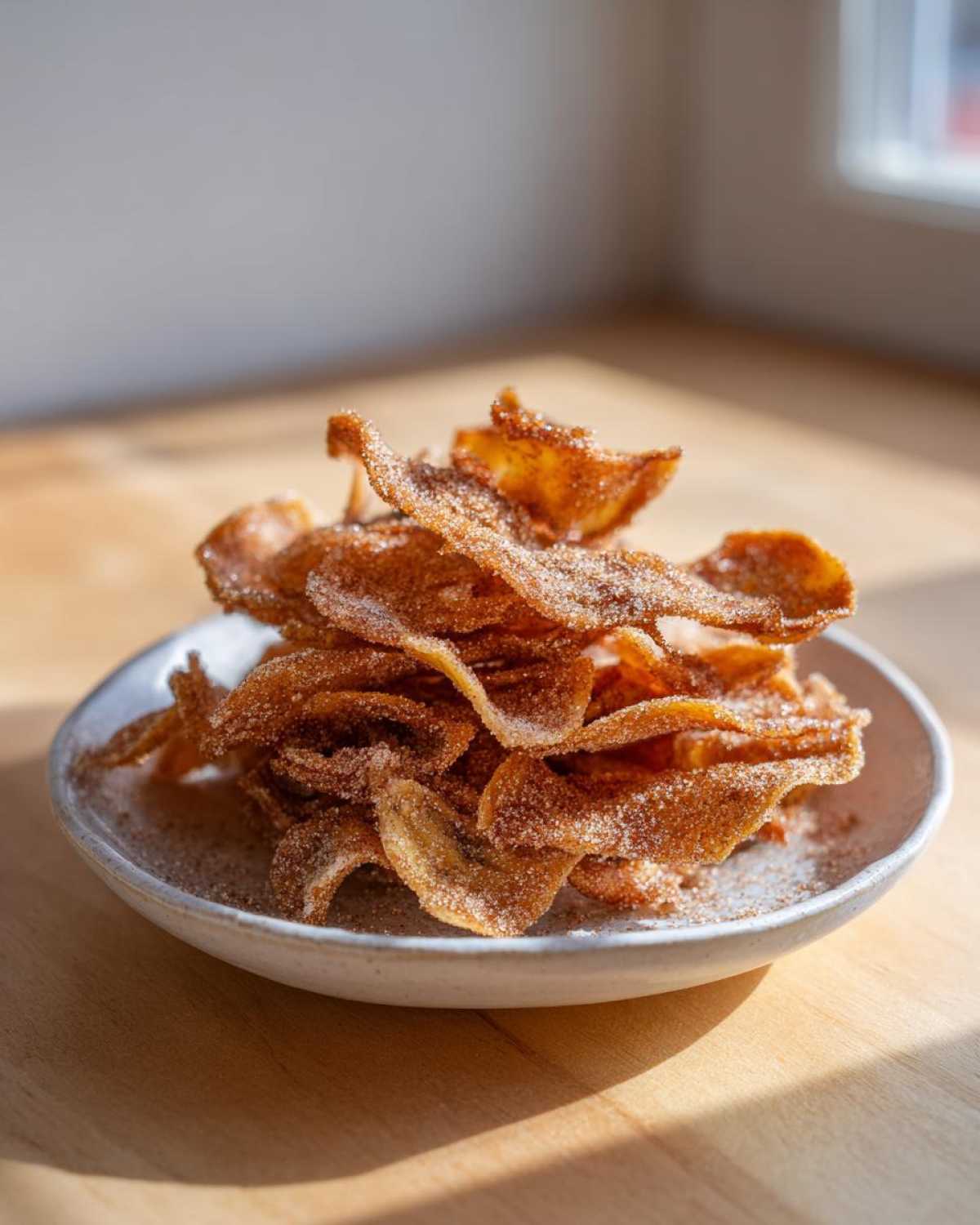 A tall stack of crispy Cinnamon Sugar Banana Chips coated heavily in cinnamon and sugar, served on a small ceramic plate.