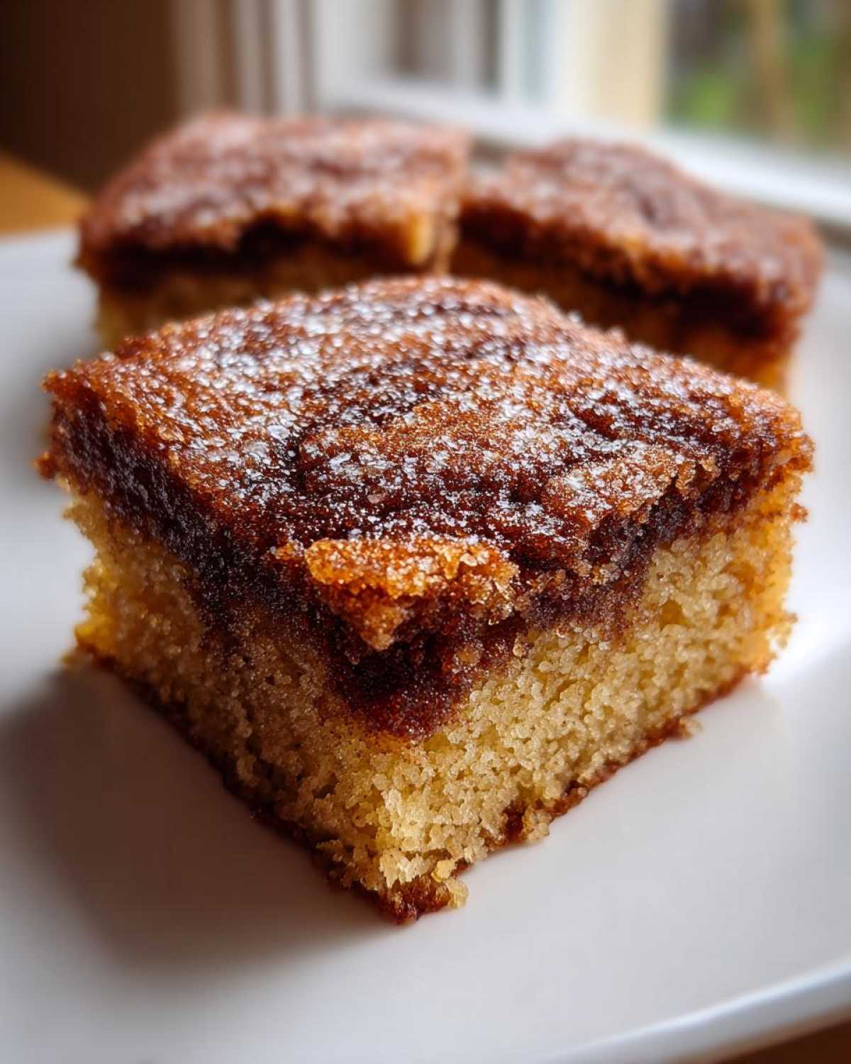 A square serving of Cinnamon Swirl Snickerdoodle Blondies showing a light cake base and a rich, dark cinnamon swirl topping dusted with sugar.