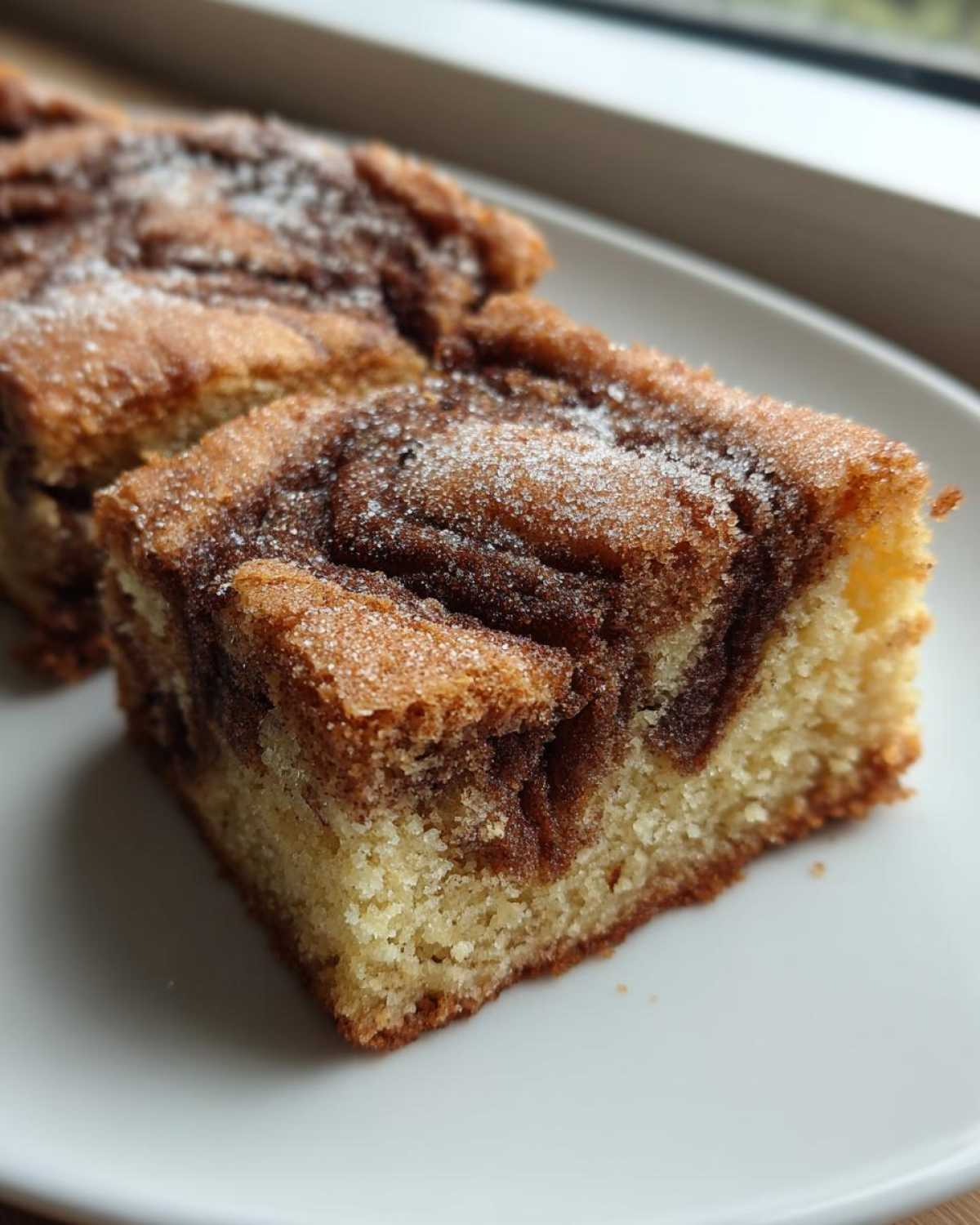 Two squares of Cinnamon Swirl Snickerdoodle Blondies with a visible cinnamon swirl and sugar topping on a white plate.