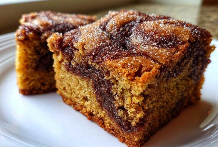 Two squares of rich, golden Cinnamon Swirl Snickerdoodle Blondies topped with coarse sugar crystals.