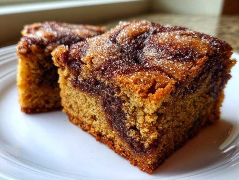 Two squares of rich, golden Cinnamon Swirl Snickerdoodle Blondies topped with coarse sugar crystals.
