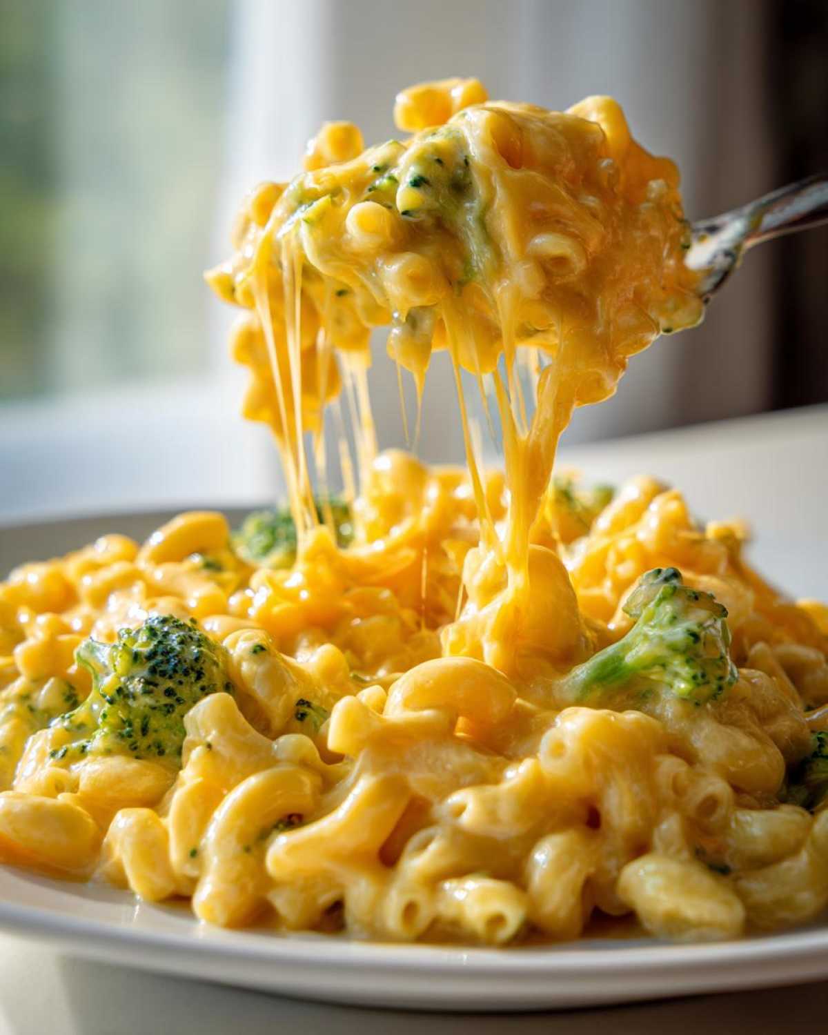 A spoonful of Copycat Café Broccoli Cheddar Mac is lifted, showing long, dramatic cheese pulls over a plate of creamy pasta and broccoli florets.